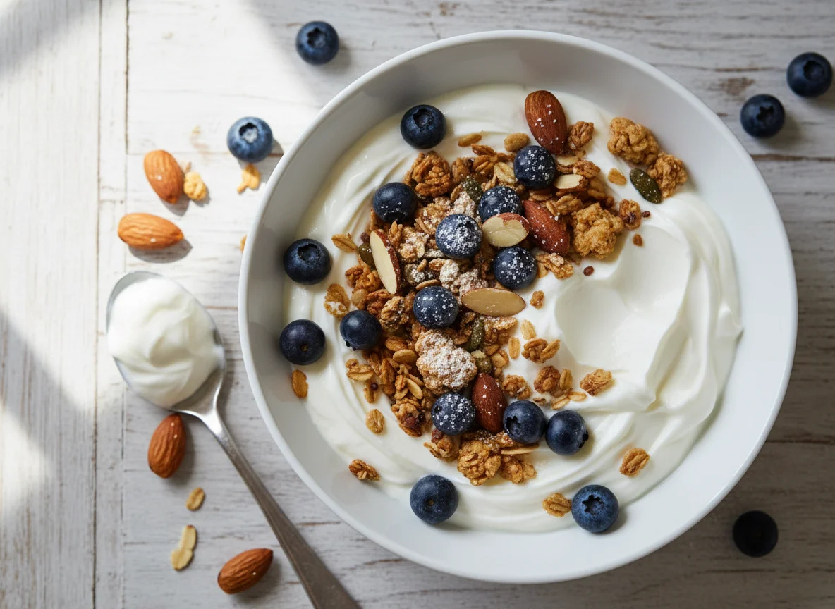Müsli mit Joghurt, Mandeln und Blaubeeren photo