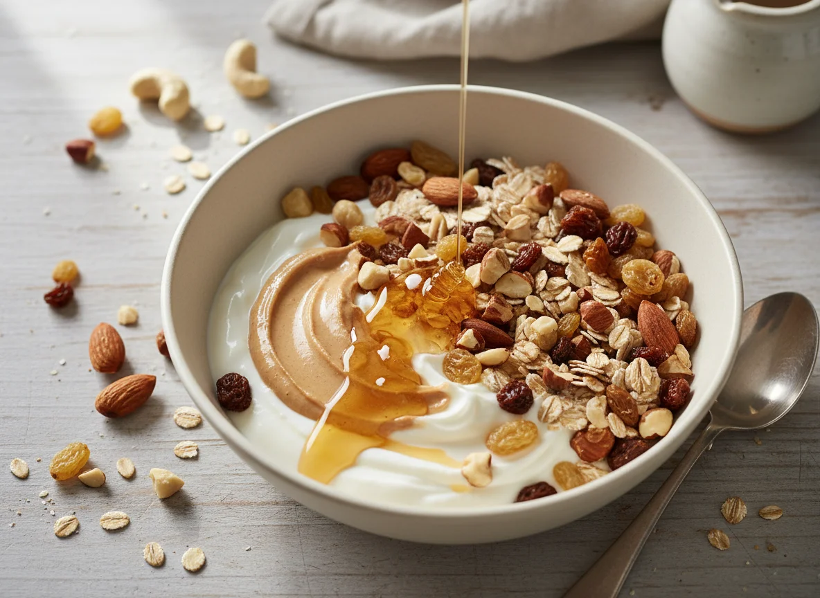 Müsli mit Joghurt, Nüssen, Rosinen, Cashewmus und Honig photo