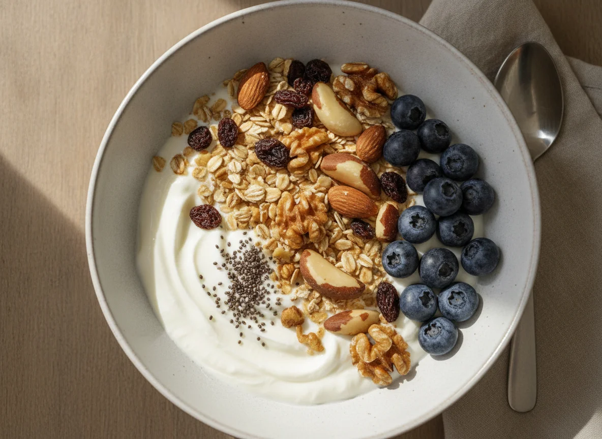 Müsli mit Joghurt, Nüssen und Beeren photo