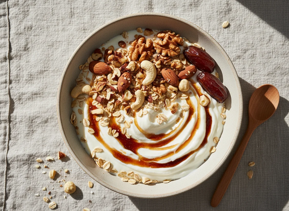 Müsli mit Joghurt, Nüssen und Dattelsirup photo