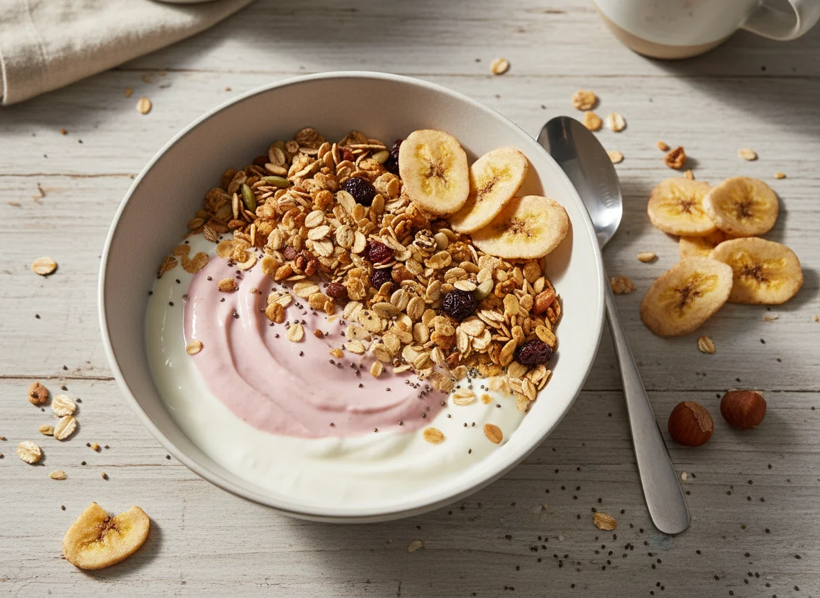 Müsli mit Joghurt und Bananenchips photo