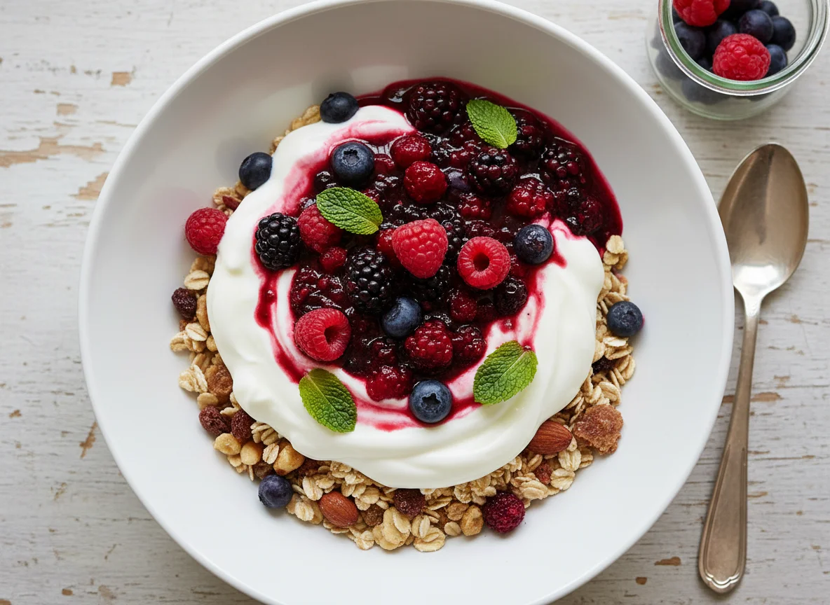 Müsli mit Joghurt und Beerenkompott photo