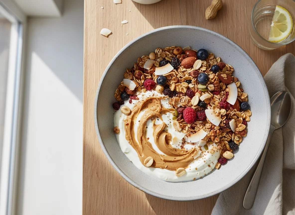 Müsli mit Joghurt und Erdnussbutter photo