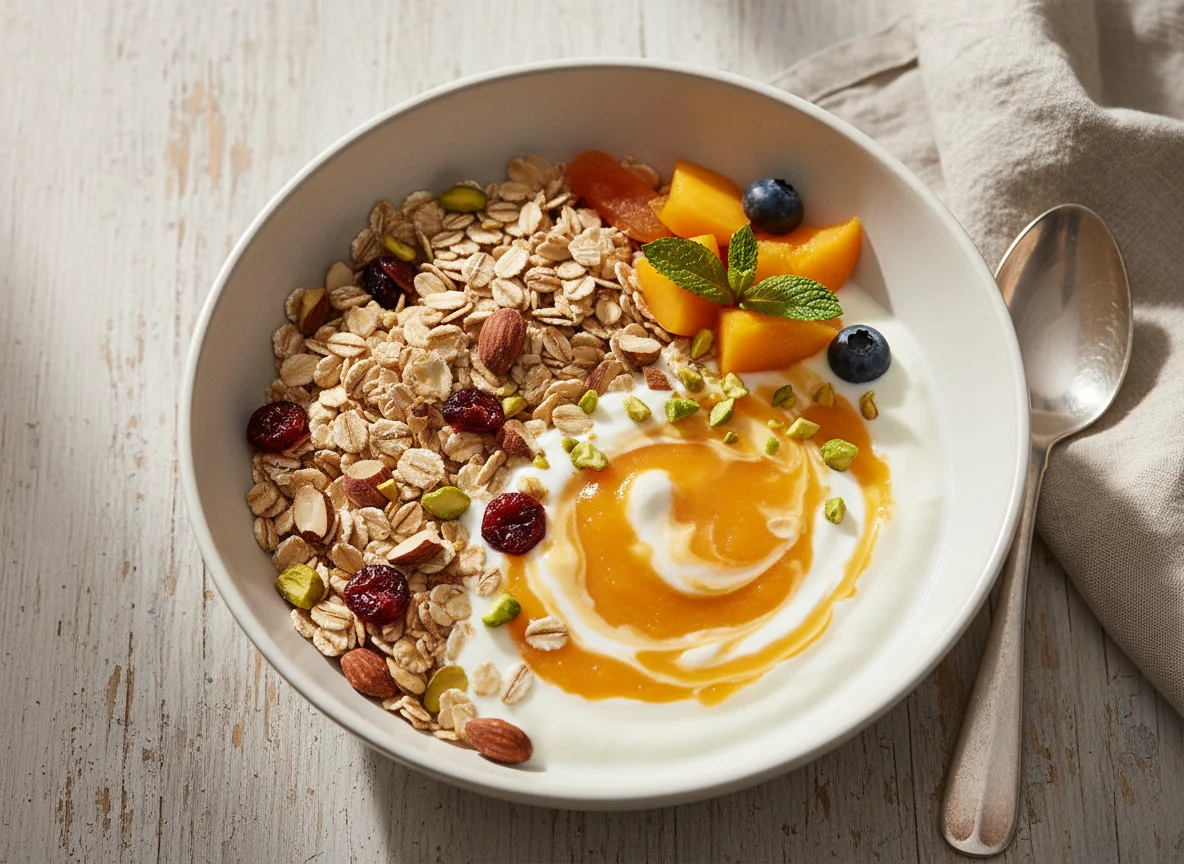 Müsli mit Joghurt und Fruchtpüree photo