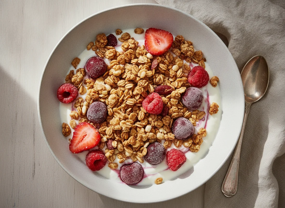 Müsli mit Joghurt und gefrorenen Beeren photo