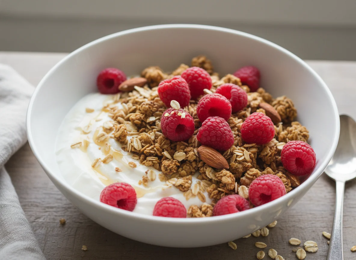 Müsli mit Joghurt und Himbeeren photo
