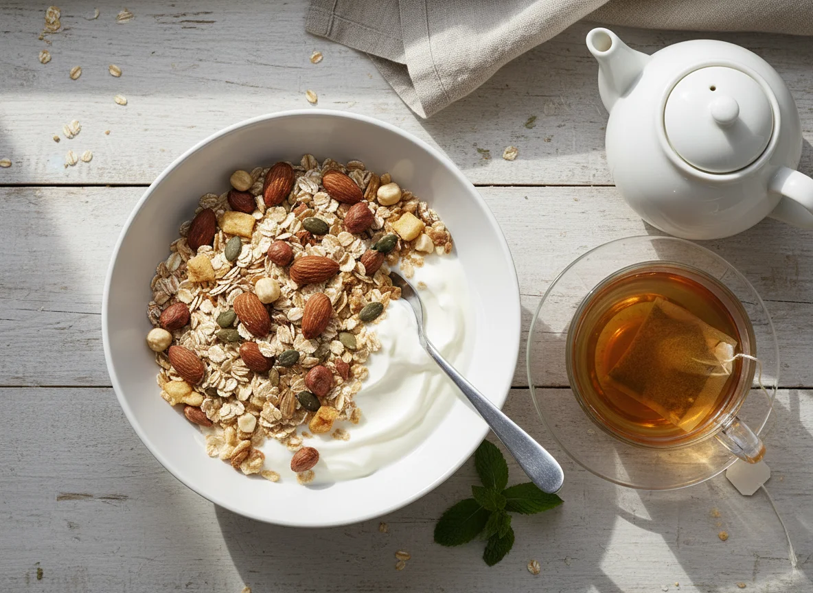 Müsli mit Joghurt und Tee photo