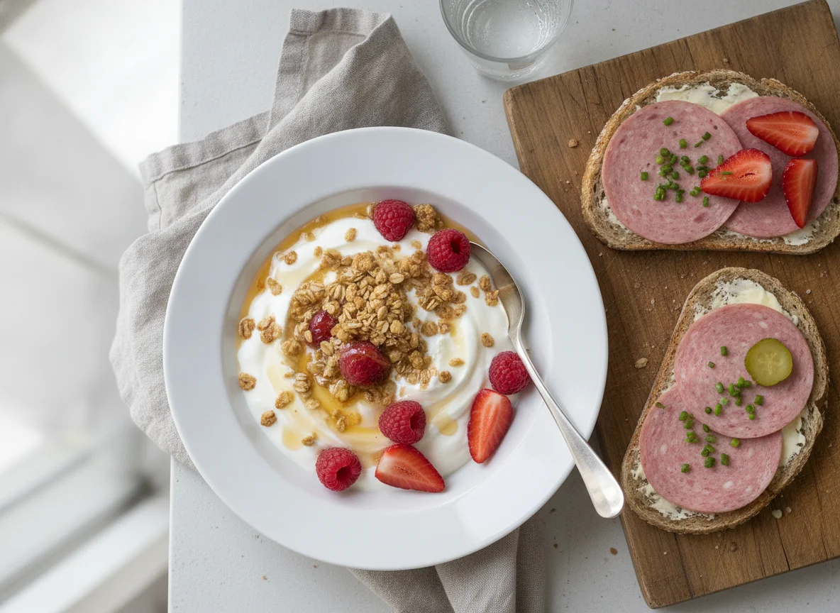 Müsli mit Joghurt und Wurstbrot photo