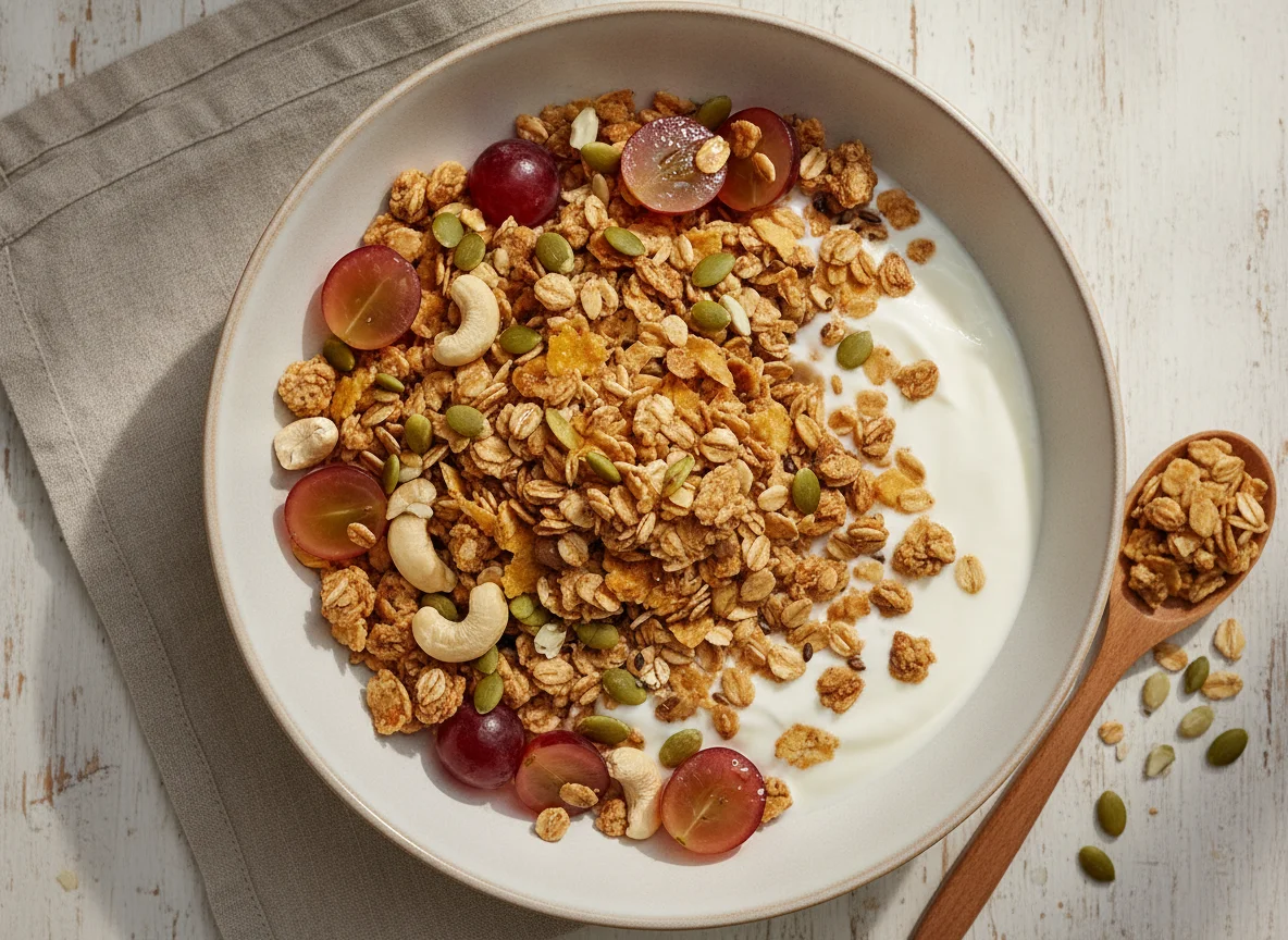 Müsli mit Joghurt, Weintrauben und Nüssen photo