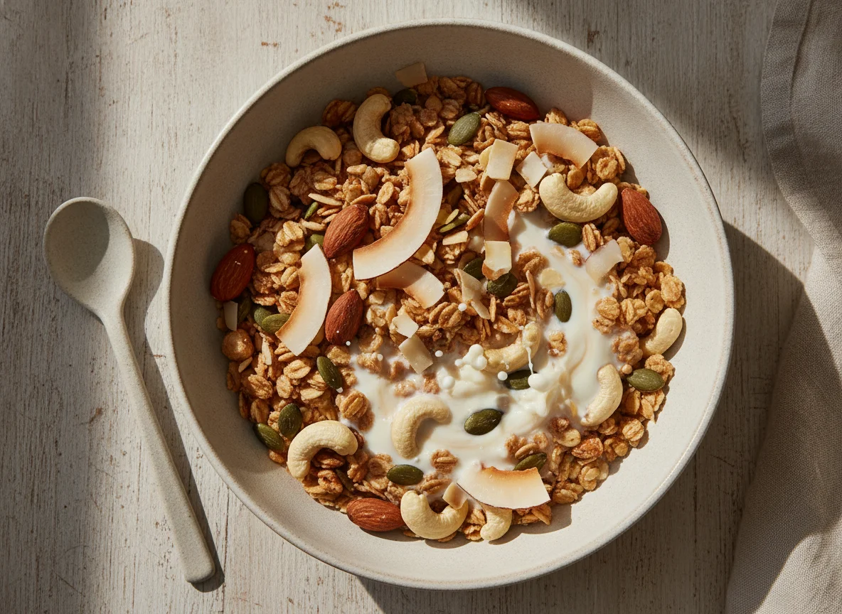 Müsli mit Mandelmilch und Nüssen photo