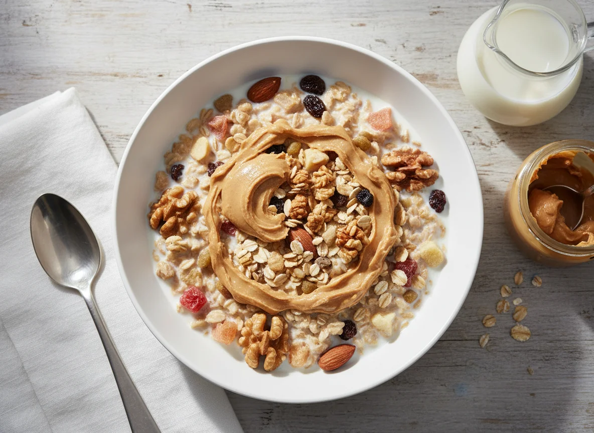 Müsli mit Milch und Erdnussbutter photo