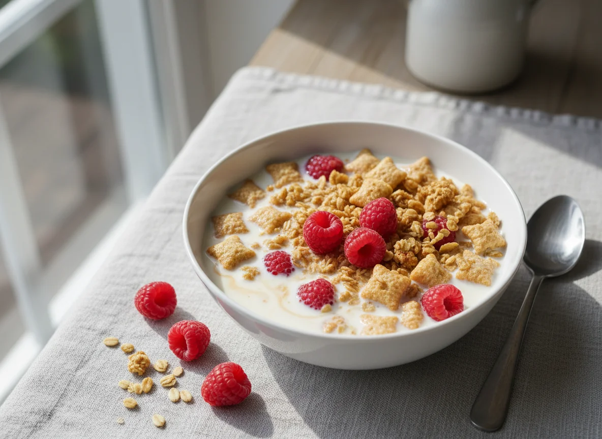 Müsli mit Milch und Himbeeren photo