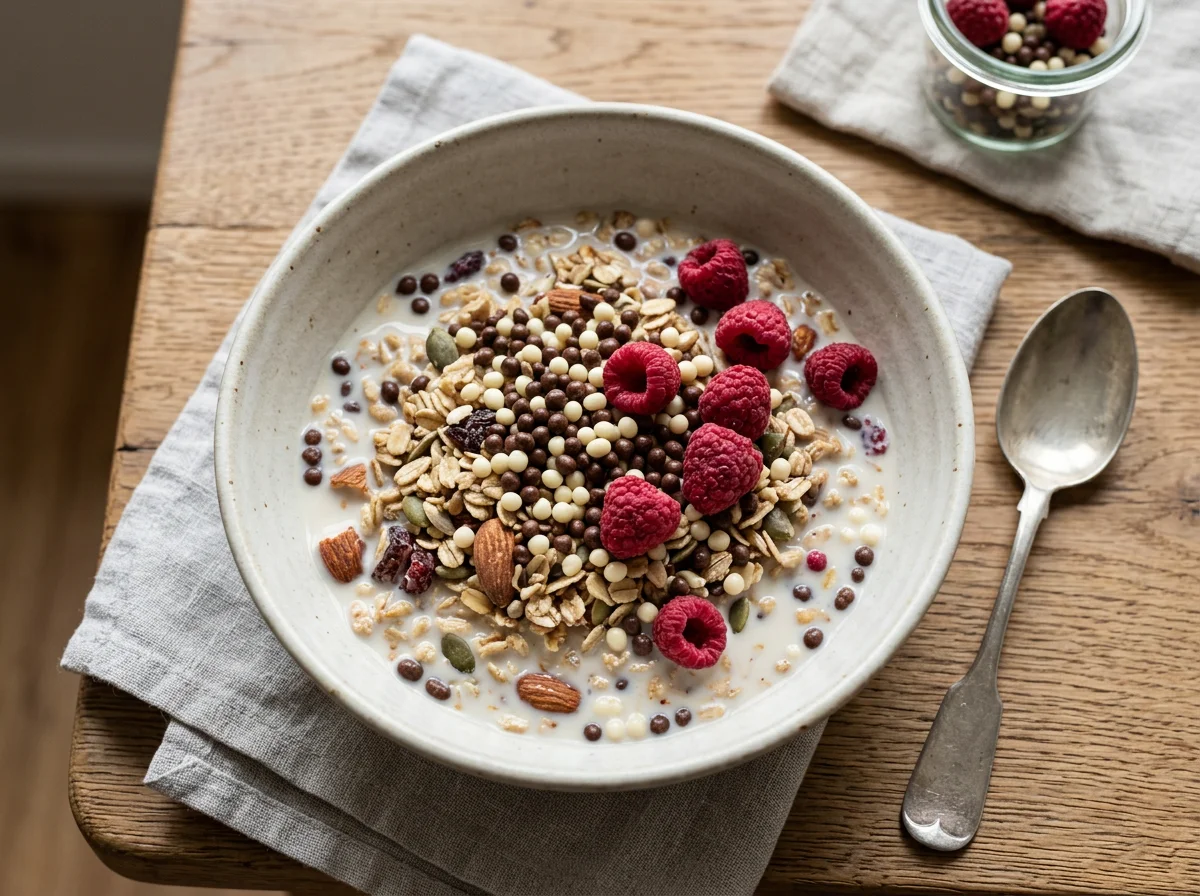Müsli mit Milch und Toppings photo