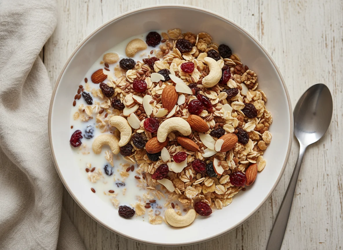 Müsli mit Nüssen, Trockenfrüchten und Milch photo
