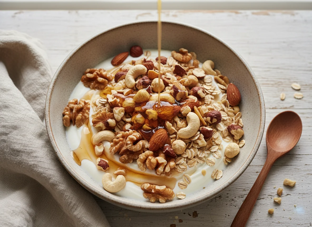 Müsli mit Nüssen und Sirup photo