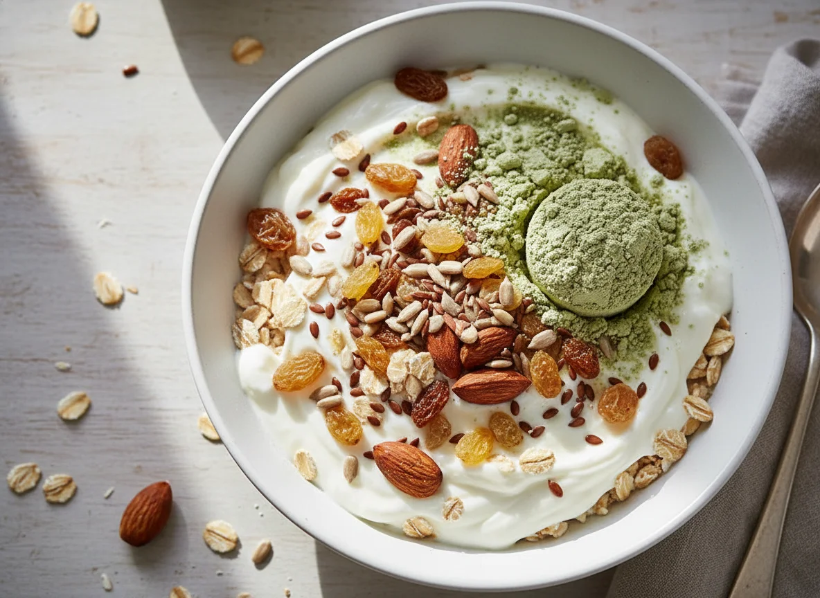 Müsli mit Proteinpulver und Joghurt photo