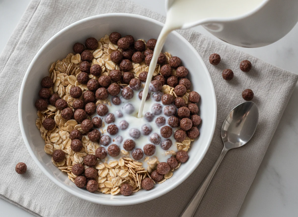 Müsli mit Schokobällchen und Milch photo