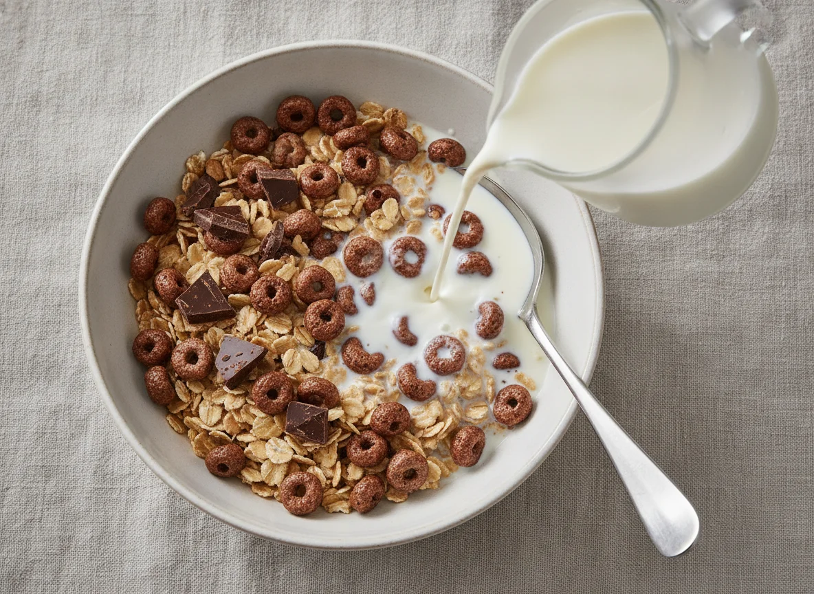 Müsli mit Schokoladenstücken und Milch photo