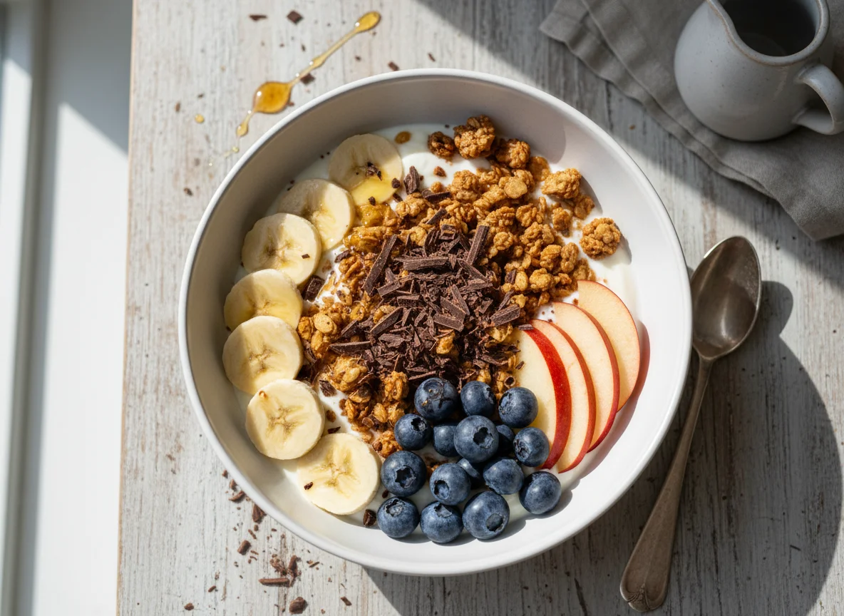 Müsli Schüssel mit Obst und Schokolade photo