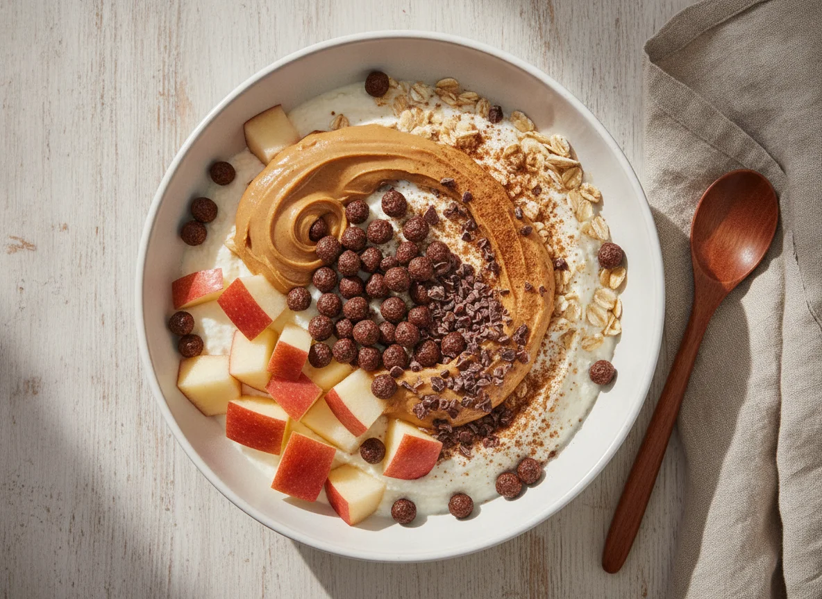 Müsli-Bowl mit Apfel, Schokocerealien und Erdnussbutter photo