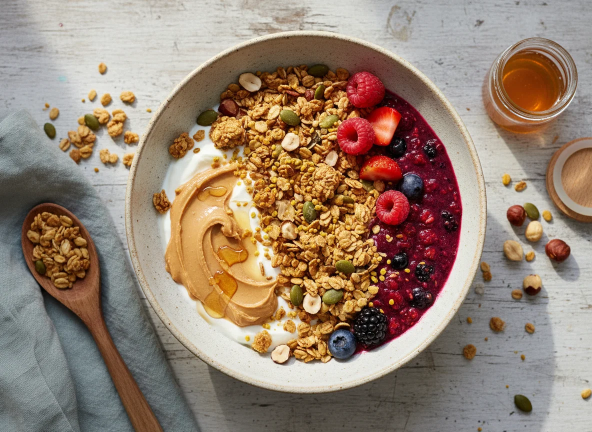 Müsli-Bowl mit Beerenpüree und Erdnussbutter photo