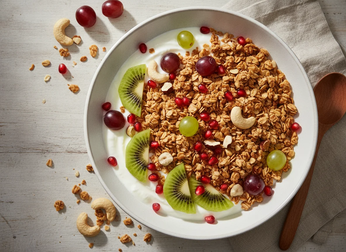 Müsli-Schale mit Joghurt, Früchten und Nüssen photo