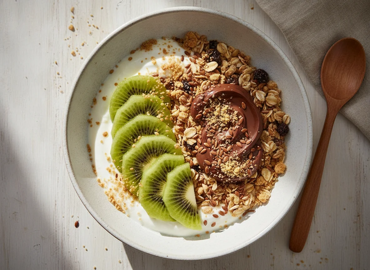 Müsli-Schale mit Kiwi, Schokocreme und Leinsamen photo