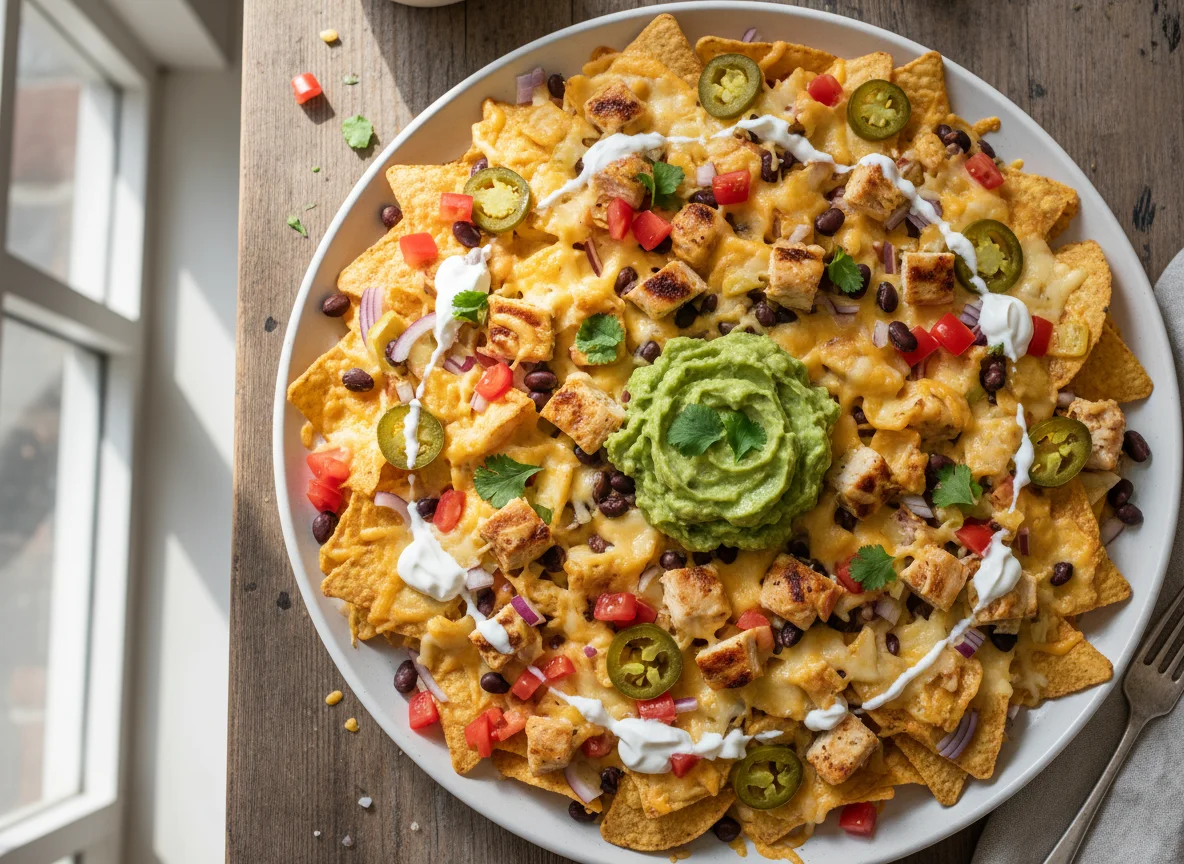 Nachos mit Poulet und Guacamole photo