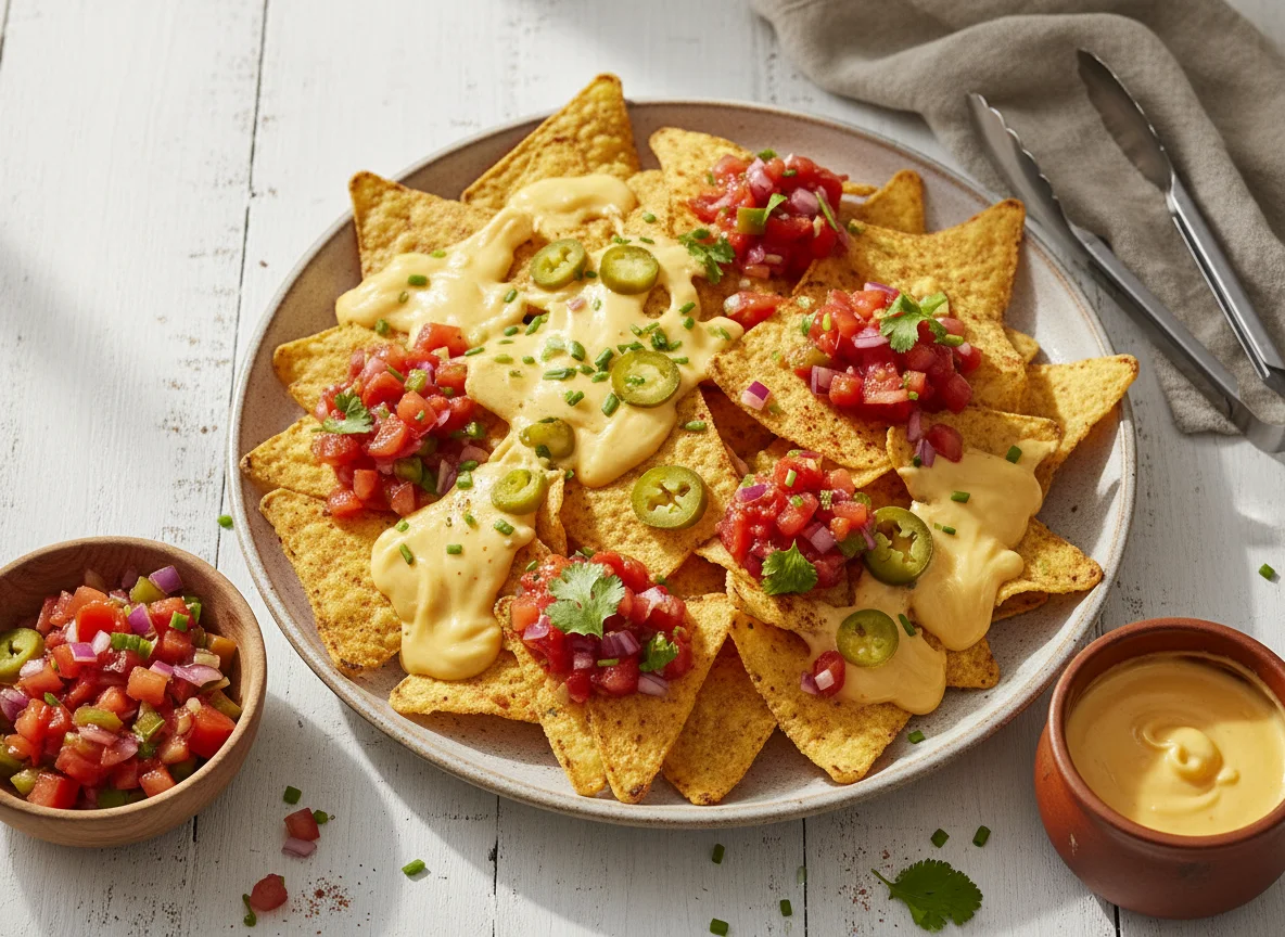 Nachos mit Salsa und Käsesauce photo