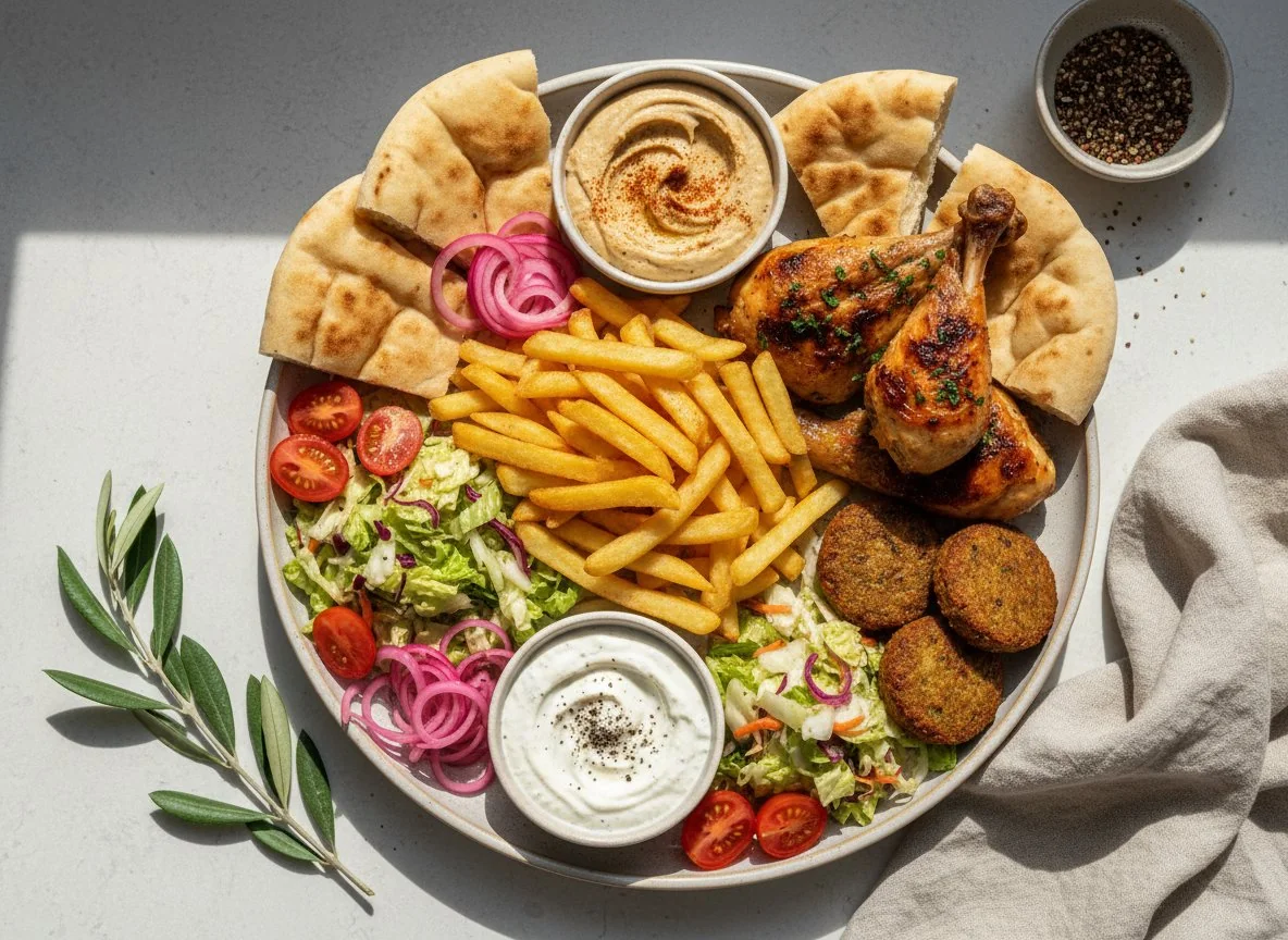 Nahöstliche Platte mit Huhn und Pommes photo