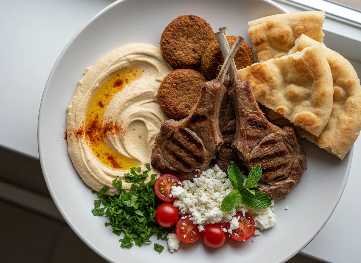 Nahöstlicher Teller mit Lamm und Falafel photo