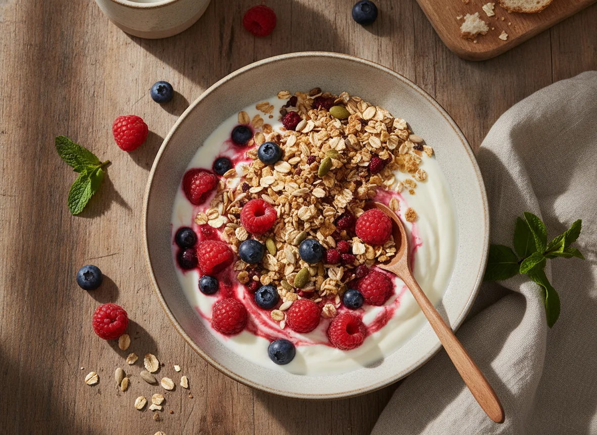 Naturjoghurt mit Beeren und Müsli photo