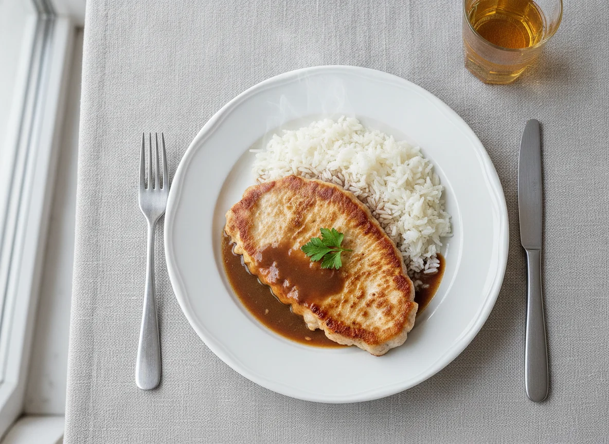 Naturschnitzel mit Reis und Saft photo