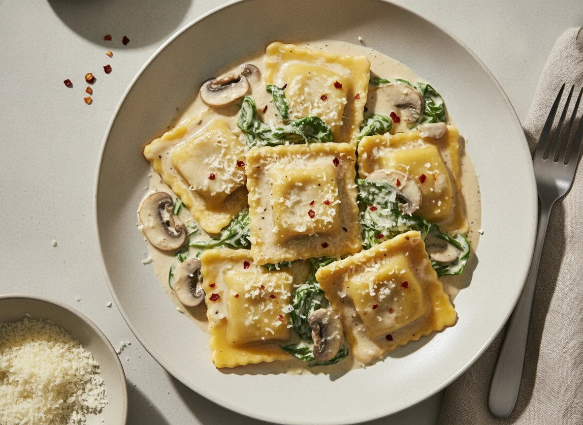 Nduja-Ravioli mit rotem Pfeffer in Käse-Spinat-Soße und Champignons photo