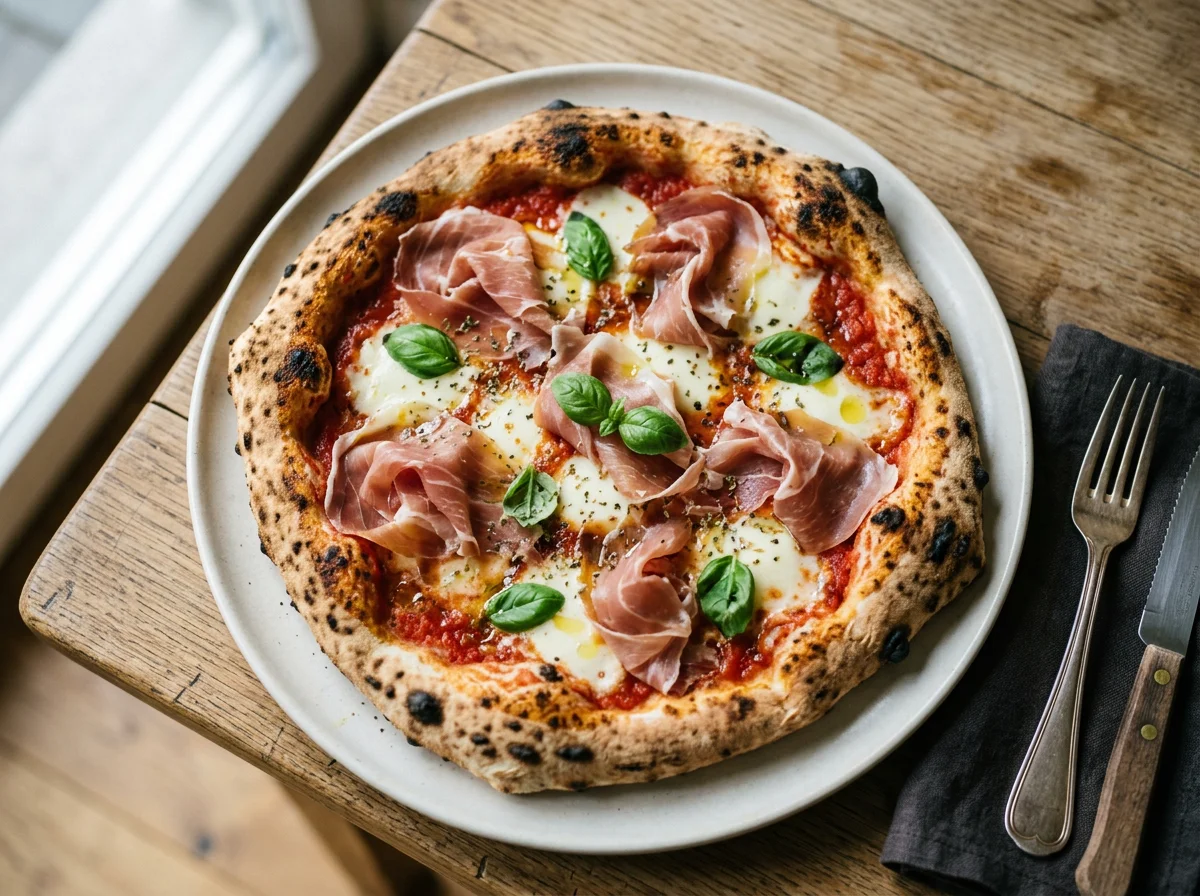 Neapolitanische Pizza mit Prosciutto und Mozzarella photo