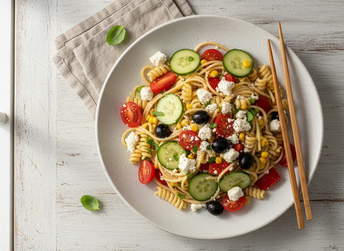 Nudel- und Gemüsesalat mit Gurken photo