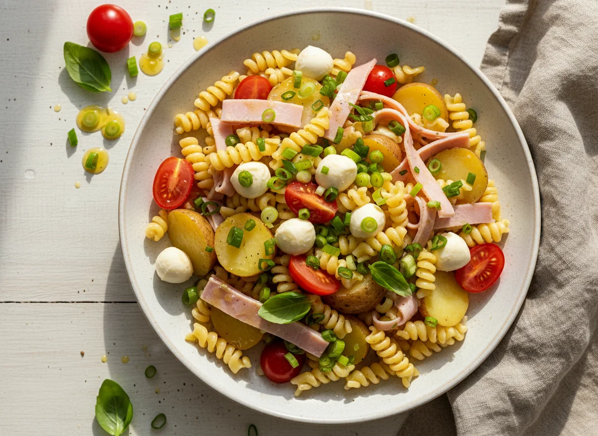Nudel- und Kartoffelsalat mit Schinken und Mozzarella photo