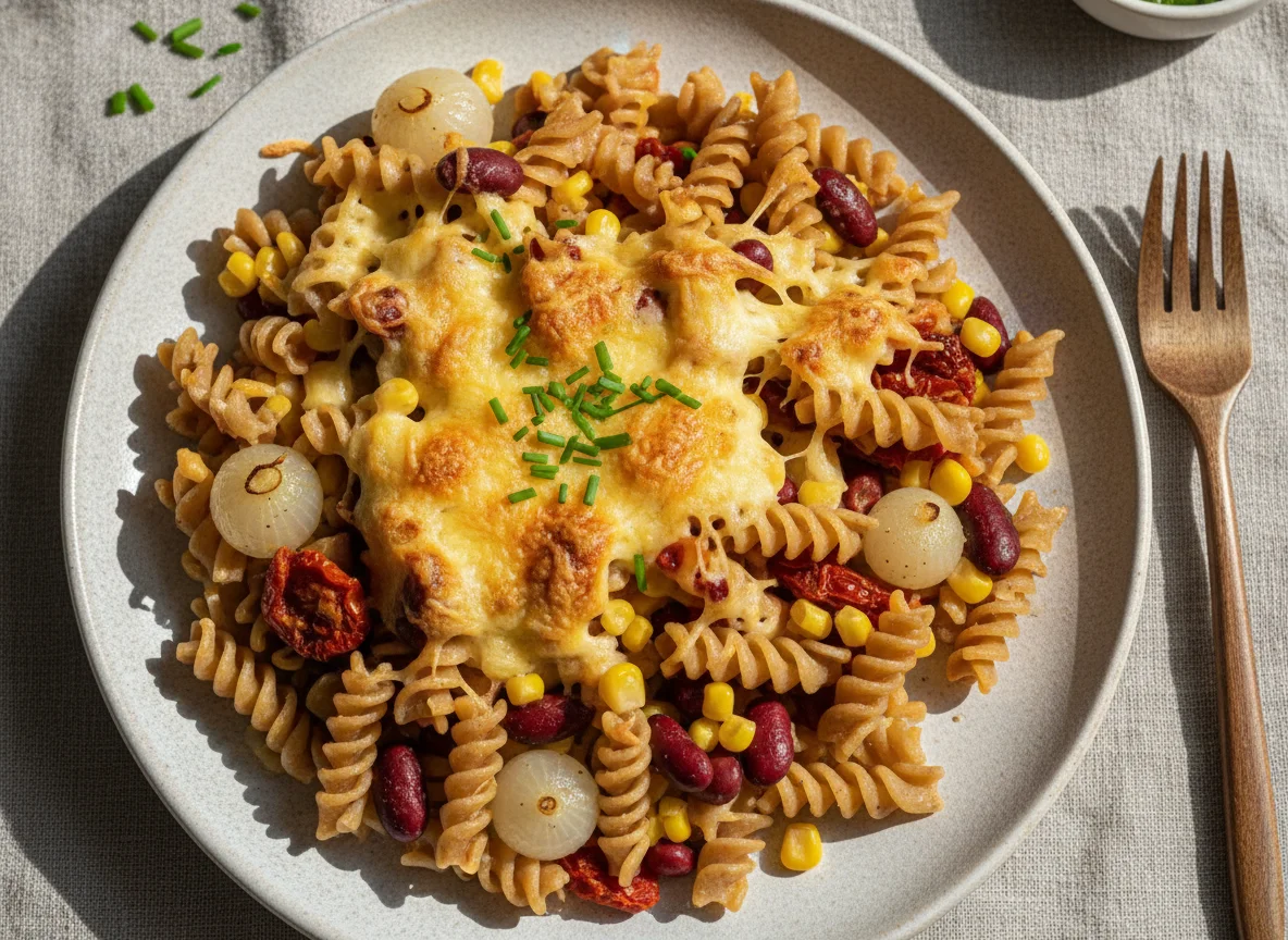 Nudelauflauf mit Bohnen, Mais und Käse photo