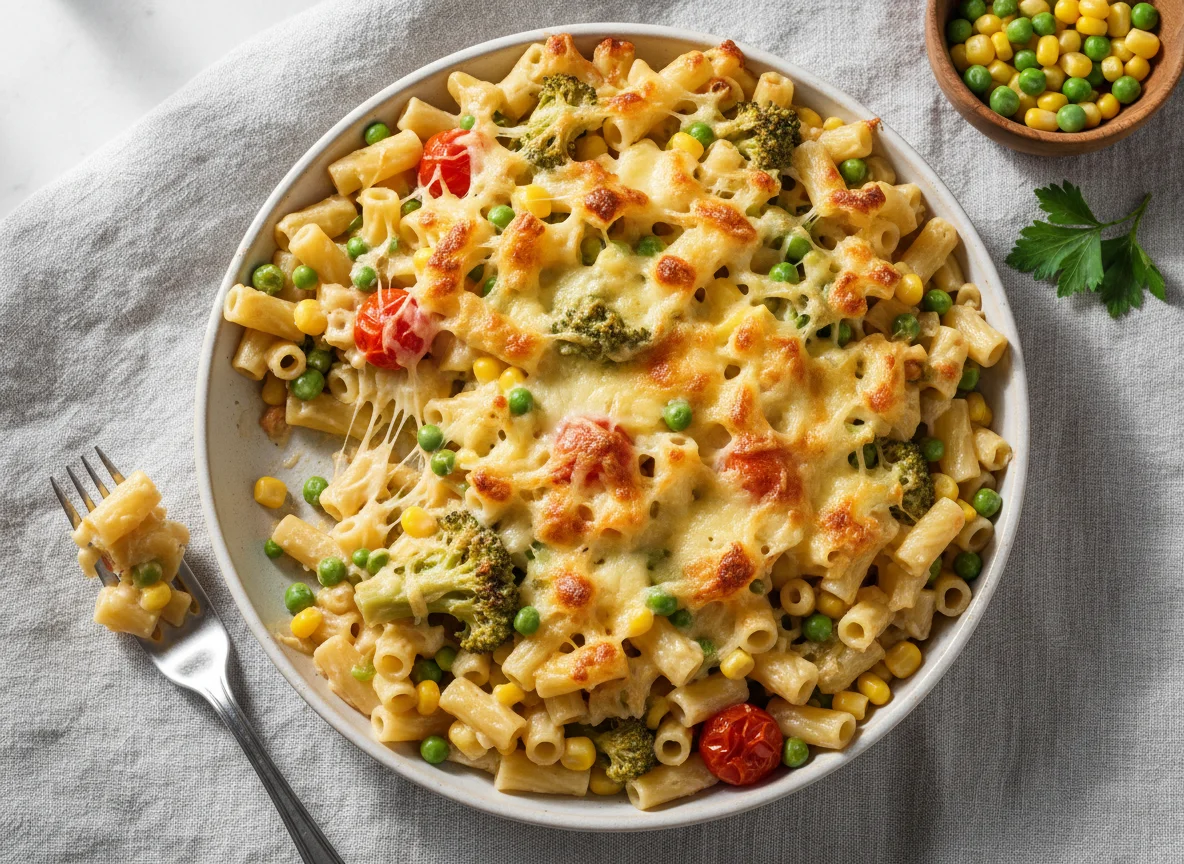 Nudelauflauf mit Brokkoli, Mais und Käse photo