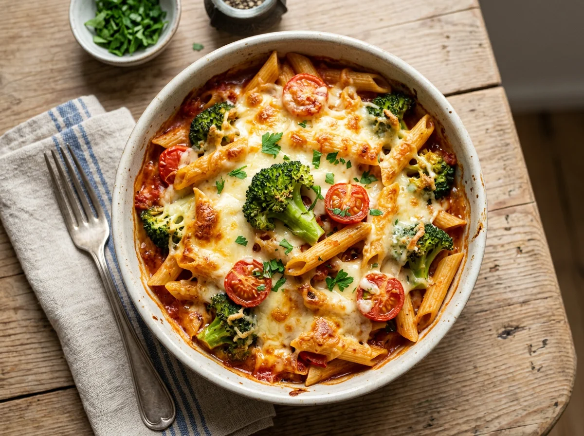 Nudelauflauf mit Brokkoli, Tomaten und Käse photo