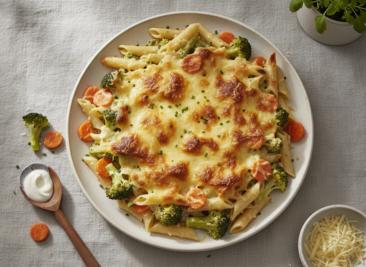 Nudelauflauf mit Brokkoli und Karotten photo