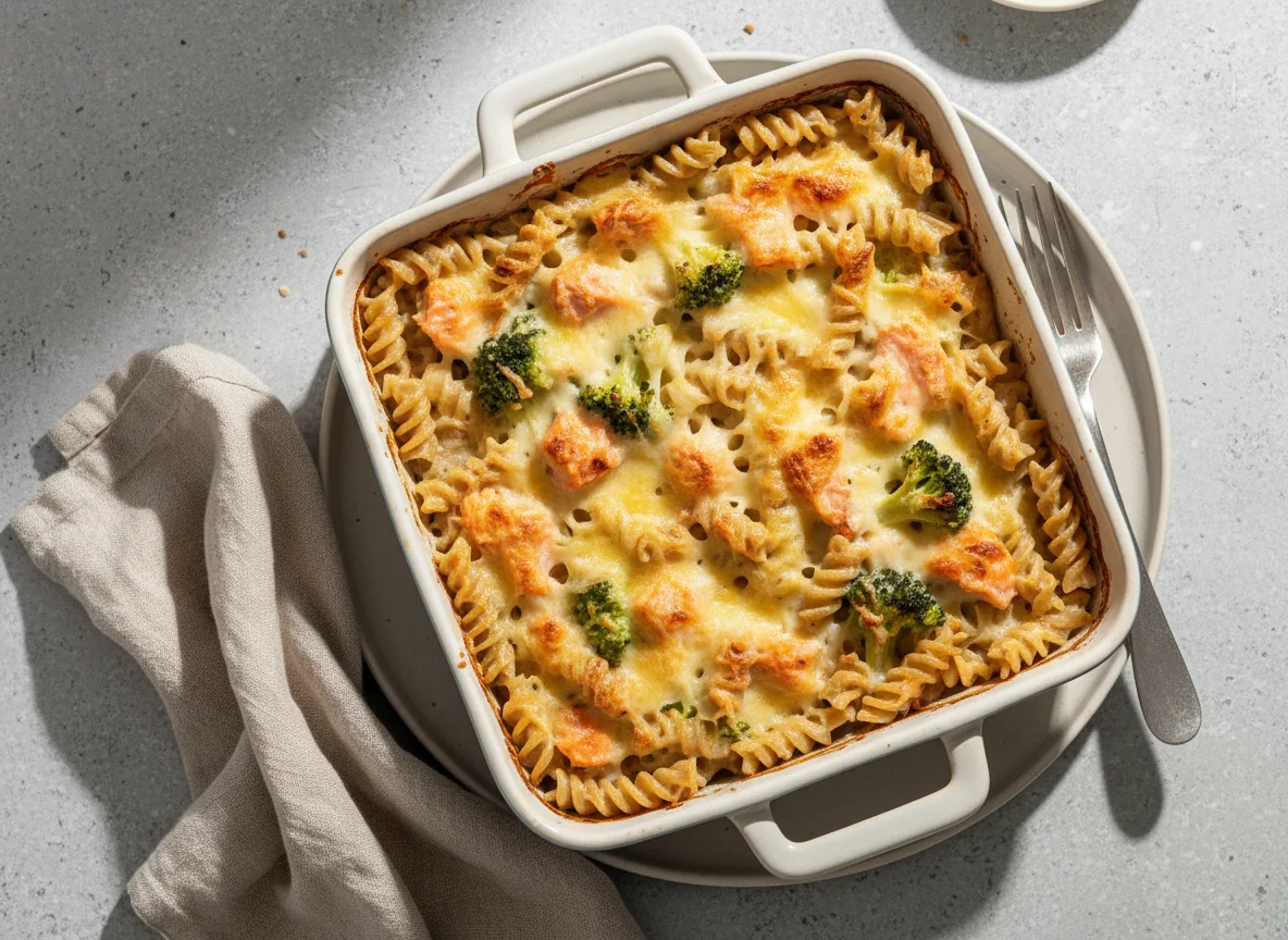 Nudelauflauf mit Brokkoli und Lachs photo
