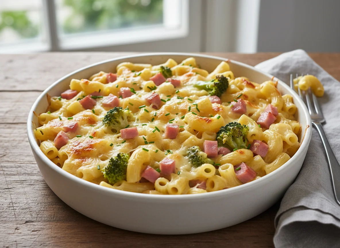 Nudelauflauf mit Brokkoli und Schinken photo