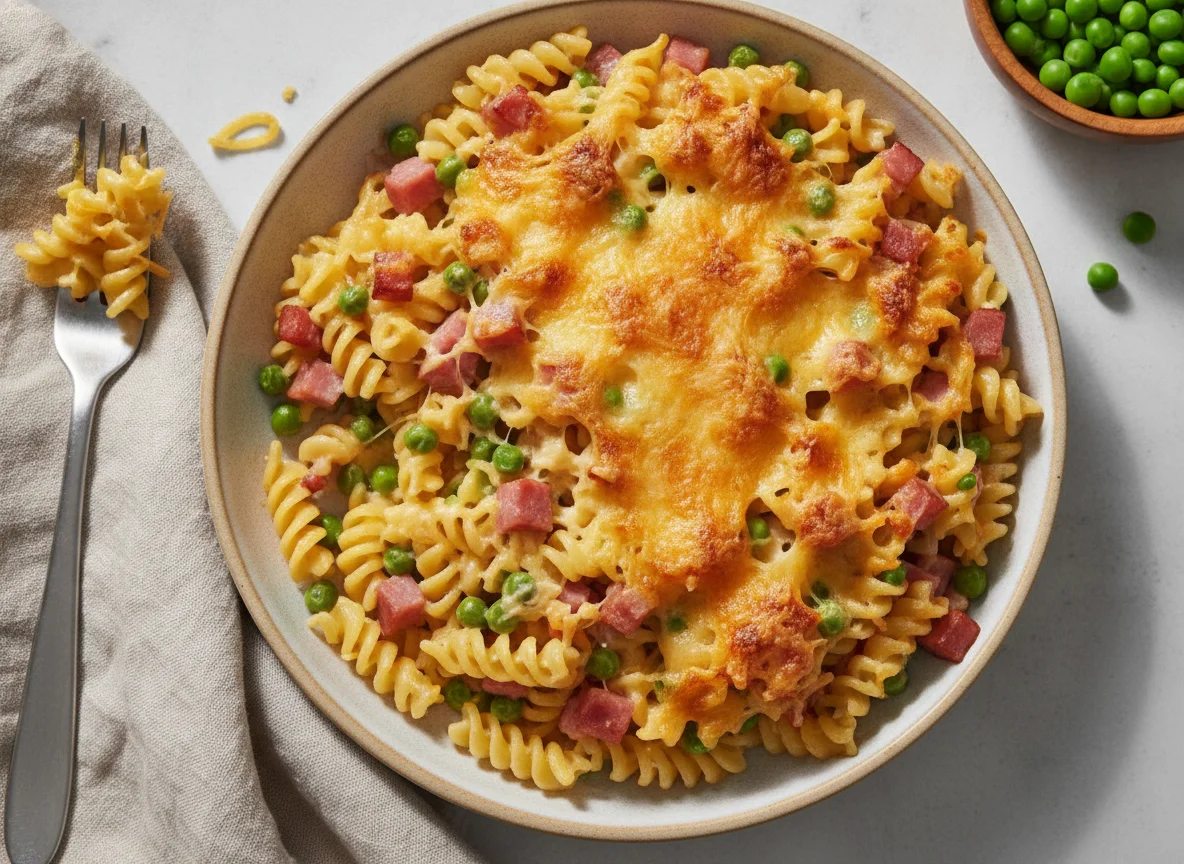 Nudelauflauf mit Erbsen und Käse photo