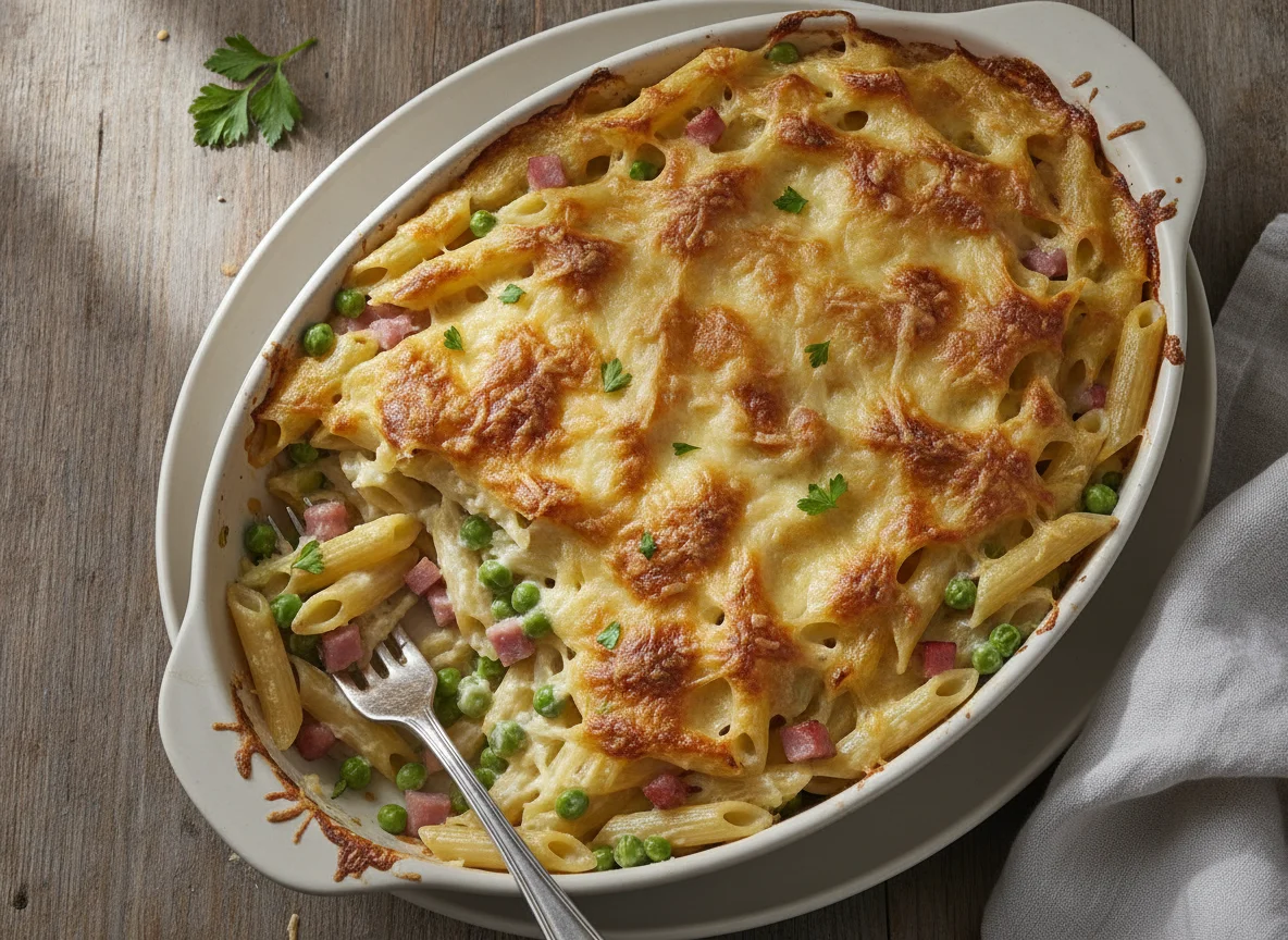 Nudelauflauf mit Erbsen und Schinken photo