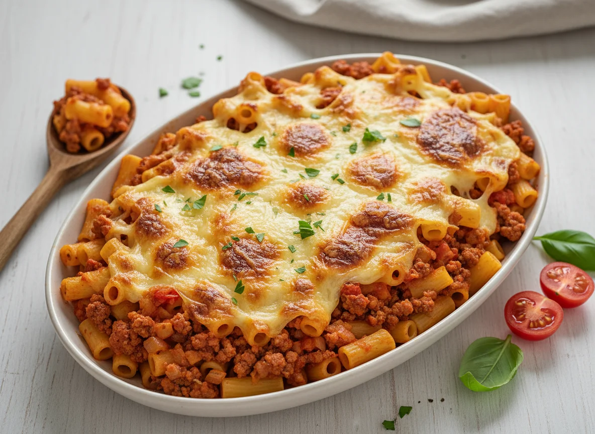 Nudelauflauf mit Faschiertem und Käse photo