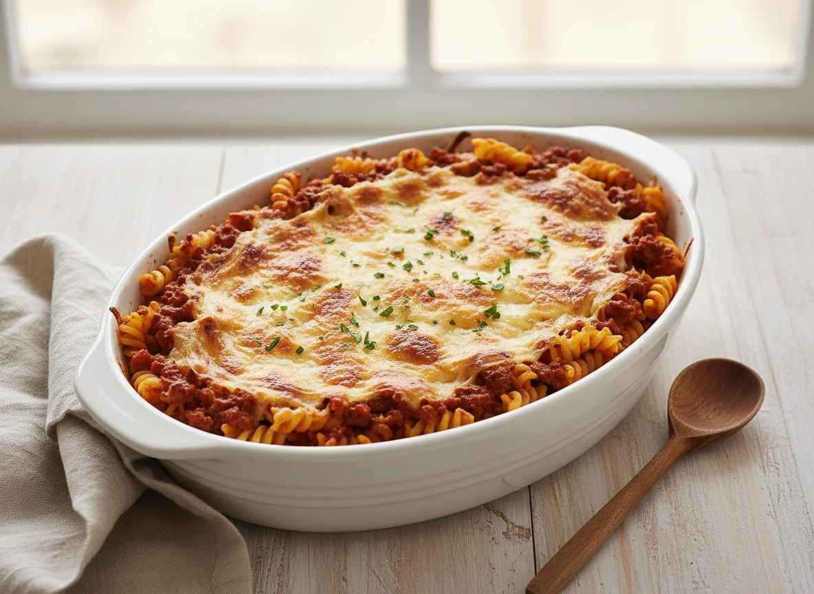 Nudelauflauf mit Fleisch und Käse photo