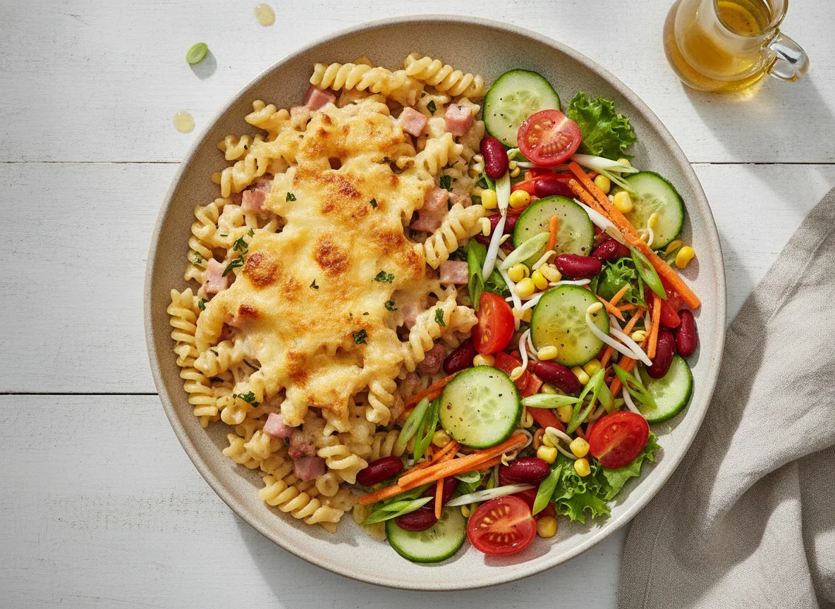 Nudelauflauf mit gemischtem Salat photo