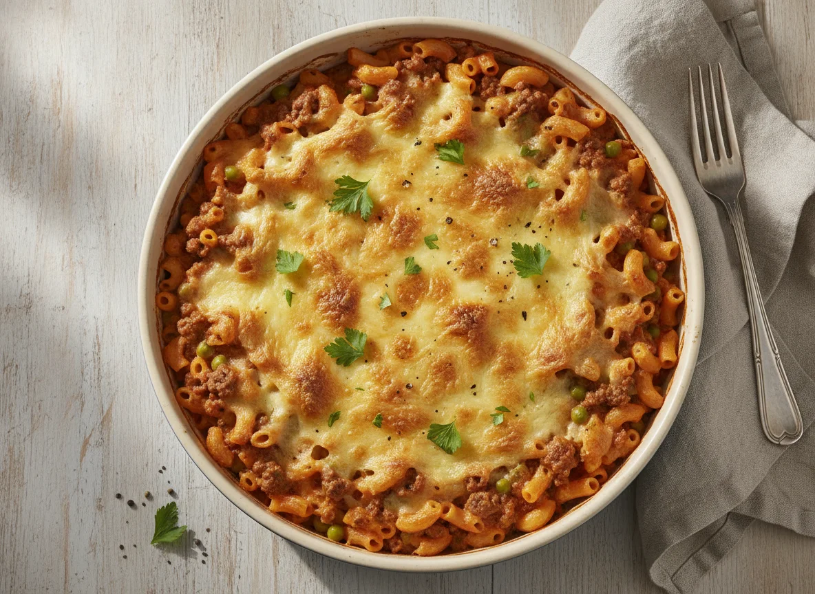 Nudelauflauf mit Hackfleisch, Erbsen und Käse photo