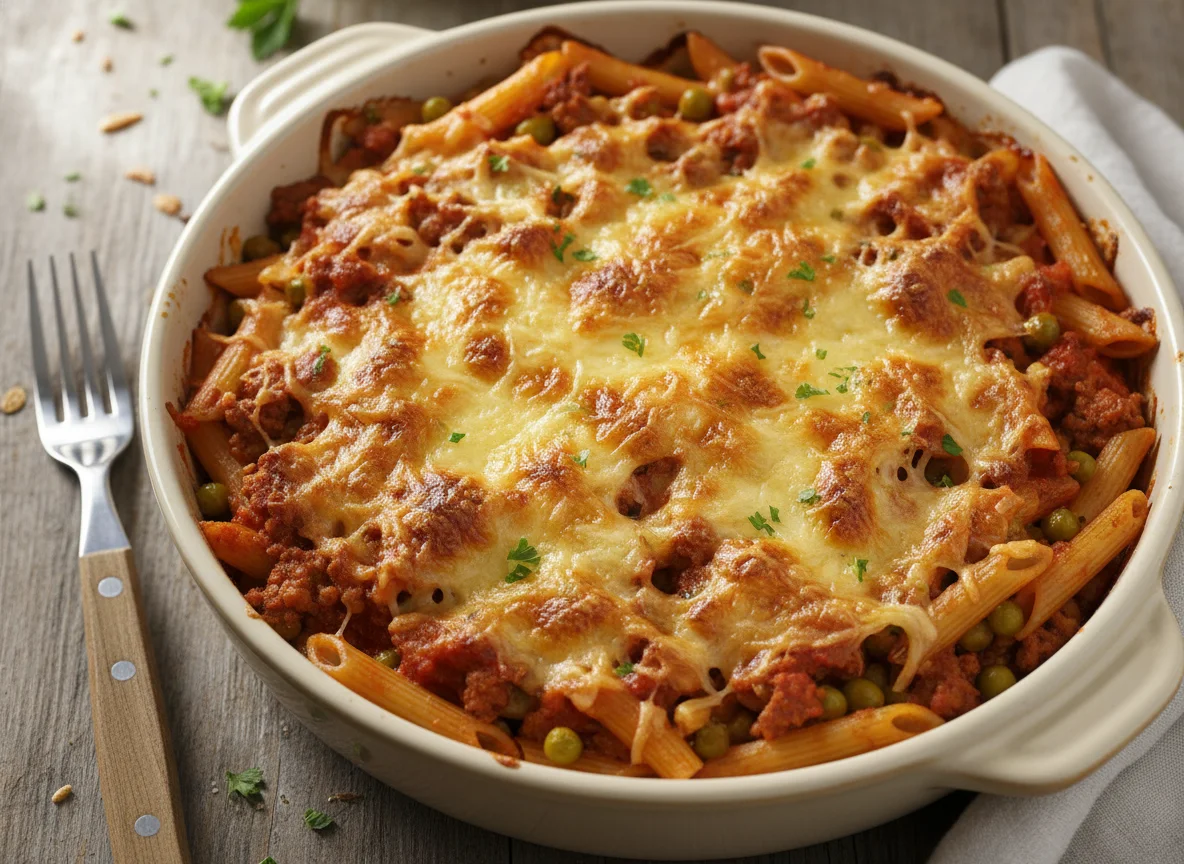 Nudelauflauf mit Hackfleisch und Erbsen photo